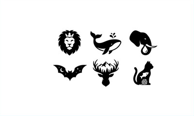 Black animal silhouette set featuring lion head, whale, elephant, bat, deer head, and cat. Minimal flat wildlife icon collection isolated on white background, ideal for graphic design.