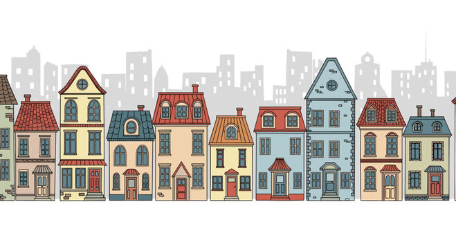 Panorama of colorful European style houses with varied rooftops and windows against a light gray city skyline background.