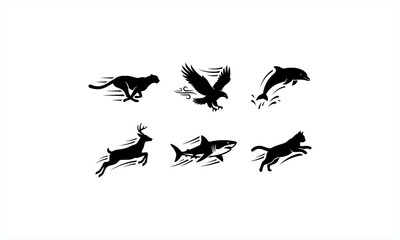 Dynamic animal silhouette vector set showing running horse, flying eagle, jumping dolphin, leaping deer, swimming shark, and running wolf in motion style, suitable for logo, sport, nature, and creativ