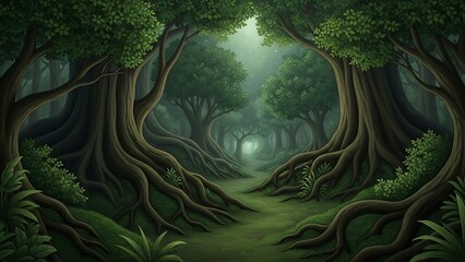 Mysterious forest pathway with ancient trees and misty atmosphere