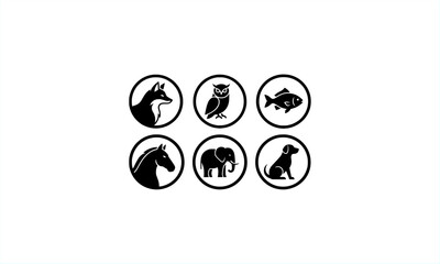 Animal icon set in circular frame featuring horse, owl, fish, dog, elephant, and wolf silhouettes in clean black vector style suitable for logo, app, infographic, and graphic design