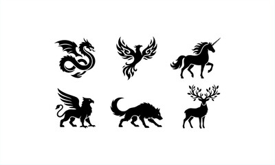 Mythical creature silhouette vector set featuring dragon, phoenix, unicorn, griffin, wolf, and deer in black fantasy style suitable for logo, tattoo, emblem, and creative design