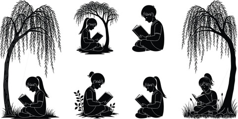    Silhouette children reading under willow trees, black vector illustration, peaceful nature learning, calm outdoor education, contemplative concept art © MstSuborna