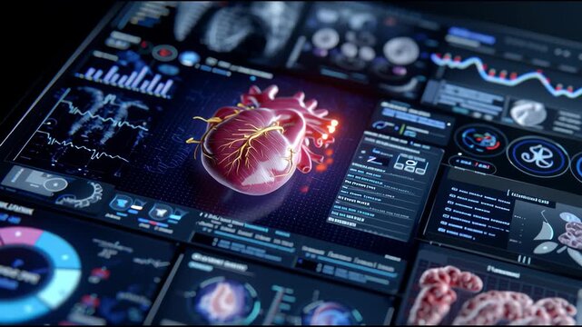 A computer screen shows a heart with a red line through it. The heart is surrounded by a variety of other images and data, including a lung, a brain, and a blood pressure monitor