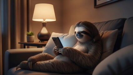 Sloth using cell phone on sofa. Lazy animal relaxing at home. Social media addiction or browsing internet concept.