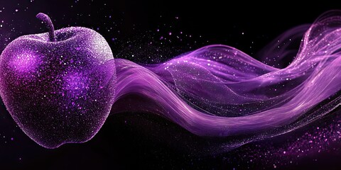 Glowing purple apple with sparkling particles and flowing purple ribbons on black background