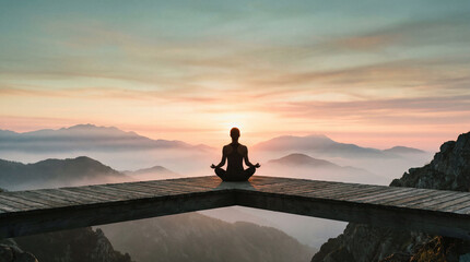 Mountain-cliff sunrise meditation: lone yogi silhouette on a wooden platform overlooking layered misty peaks