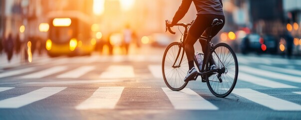 Urban Cycling City Rider on Crosswalk at Sunset, Bicycle , Cityscape