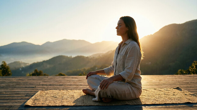 Sun-drenched breathwork session outdoors: seated practitioner on neutral mat on wooden deck