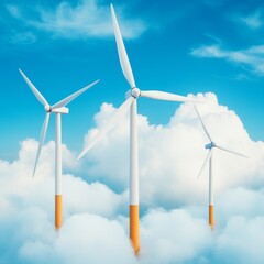 Wind Turbines Emerging from Clouds, Blue Sky, Clean Energy ,Green Power