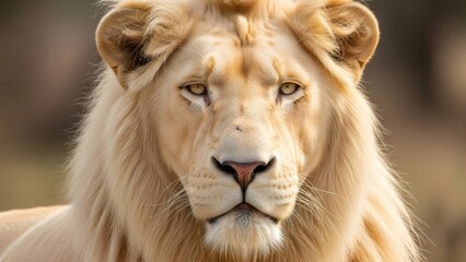 Fototapeta premium Majestic white lion face, close up portrait with expressive eyes. Concept of wildlife, nature conservation, and animal power.
