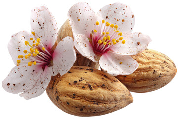 Almond blossoms and nuts.  Close-up of two almond flowers, delicate pink and white, with speckled petals, surrounding two whole almonds. 