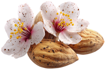 Almond blossoms and nuts.  Close-up of two almond flowers, delicate pink and white, with speckled petals, surrounding two whole almonds. 