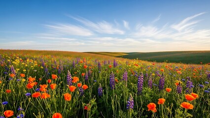 Vibrant field of wildflowers under a clear blue sky with wispy clouds
