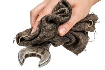 Mechanic hand cleaning dirty metal wrench with oily cloth on a transparent background