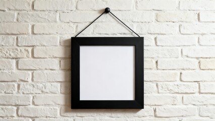 Empty Black Frame Hanging on White Brick Wall for Displaying Art, Photos, or Marketing Graphics