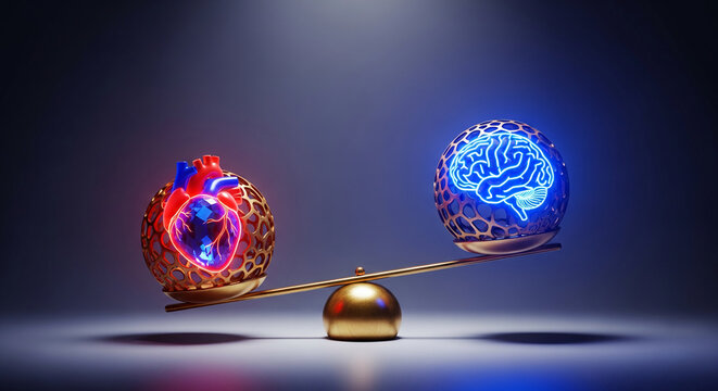 Golden scale balancing glowing heart and brain in ornate spheres, representing balance between emotion and logic, or health and intelligence