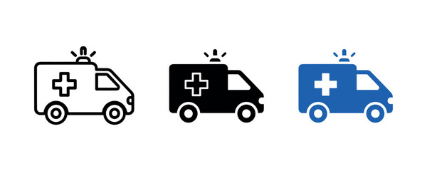Ambulance icons set: black, white, and blue symbols with sirens and cross