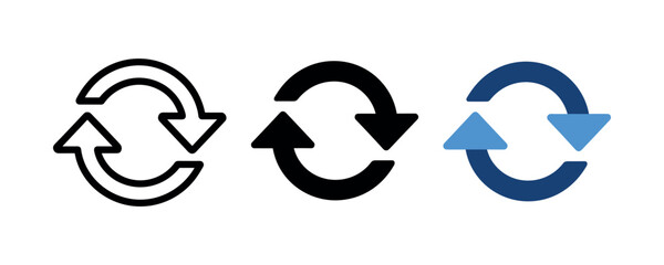 Set of three circular arrow icons in black, blue, and white designs