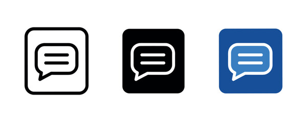 Chat bubble icons set with speech bubbles in black, white, blue designs
