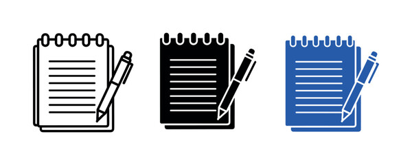 Set of lined notebooks with attached pen in black, blue, and outline styles