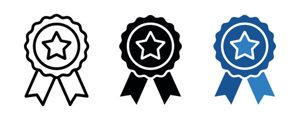 Three award icons: outline, solid, and blue-colored star medals with ribbons