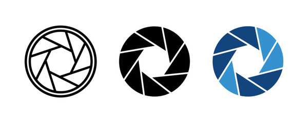 Three aperture icons: monochrome and blue variations of camera shutter symbols