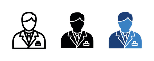 Icon set: male doctor silhouette in black, blue, and outline styles