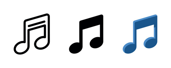 Set of three music note icons in black and blue on white background