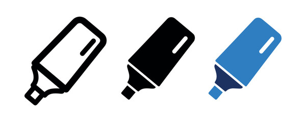 Icon set of highlighter pens in different styles and colors
