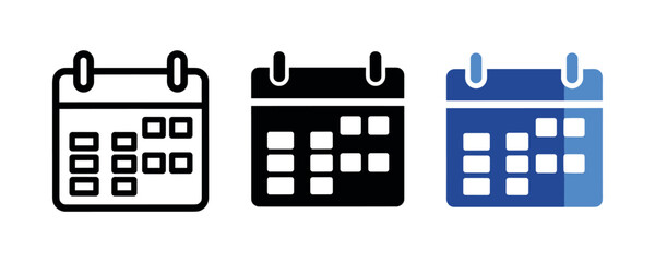Calendar icons set: outline, solid, and blue variations