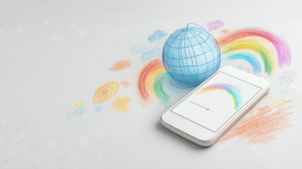 smartphone with podcast interface and rainbow Wi-Fi doodles over a light blue pencil sketch globe on white background