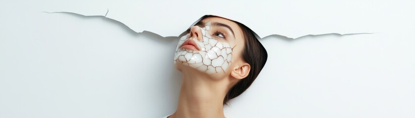Woman with cracked mask breaking through paper, skincare , beauty