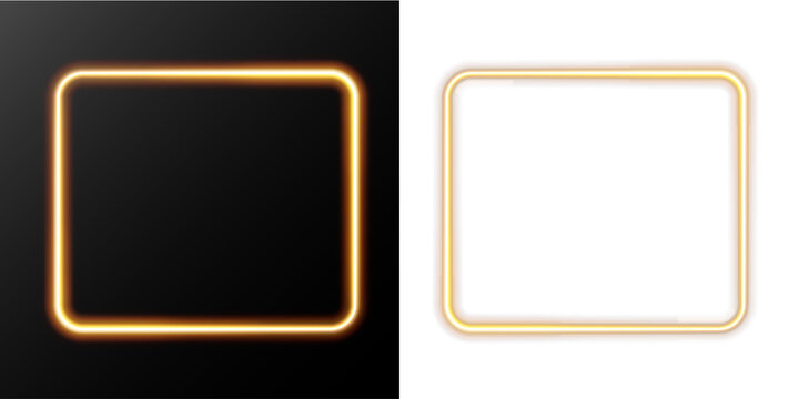 Golden neon rounded square frames glowing on black background.