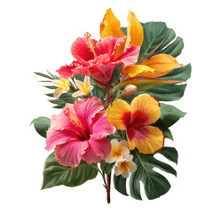 Vibrant tropical flower bouquet. Lush hibiscus, canna, and plumeria blossoms in shades of pink, orange, and yellow, set against deep green tropical foliage. Detailed illustration