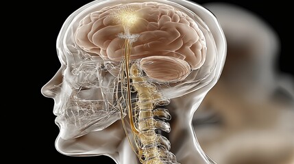Human brain spinal cord nervous system pain visualization. Human brain showing central nervous system connection with a glowing area