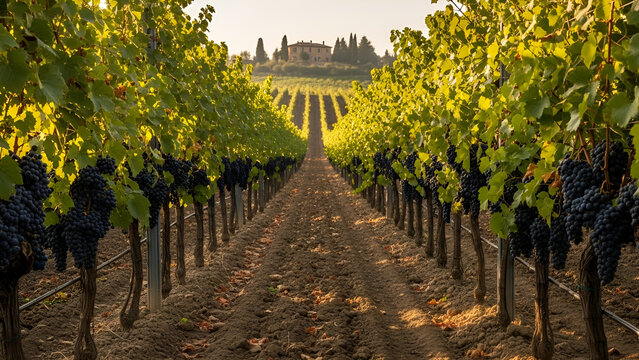 Golden hour in a Tuscan vineyard, heavy grapes ripen on vines as a dirt path leads to a distant villa. Ideal for wine tourism, Italian travel, culinary blogs, harvest themes,