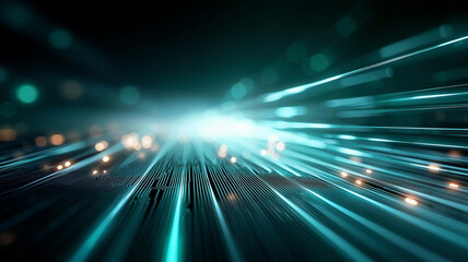 neon blue data streams racing across a dark green PCB towards a bright horizon, futuristic high-speed digital highway