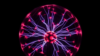 Vibrant purple and pink plasma tendrils dance frantically within a retro-science lamp against a pitch black background, ideal for technology blogs, Halloween designs, or futuristic event promotions.