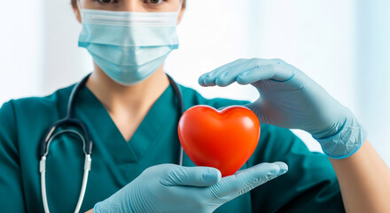 A person in medical attire holds a red heart, showing care. The image represents healthcare, protection, and affection, useful for medical concepts.