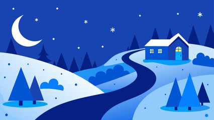 Fototapeta premium Winter landscape with house and crescent moon