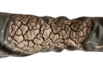 Dried cracked mud texture on black denim fabric sleeve on a transparent background