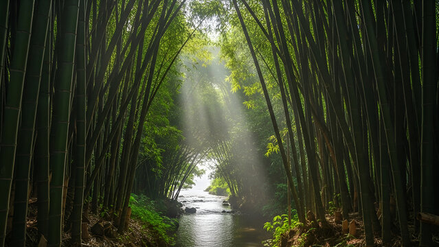 A tranquil jungle river scene framed by dense bamboo, with sun rays piercing through mist, creating a Zen-like atmosphere. Ideal for wellness, spa, travel, eco-tourism, meditation apps,