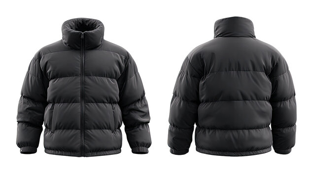 Dark gray puffer jacket, front and back views