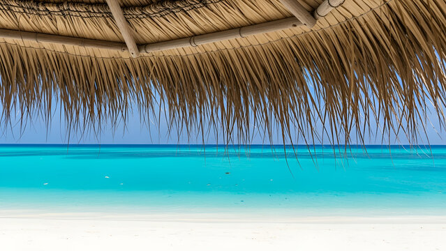 Breathtaking tropical escape from under a thatched umbrella on a white sand beach, showcasing vibrant electric blue water and distant jumping fish. Perfect for luxury travel campaigns, resort ads, - Powered by Adobe