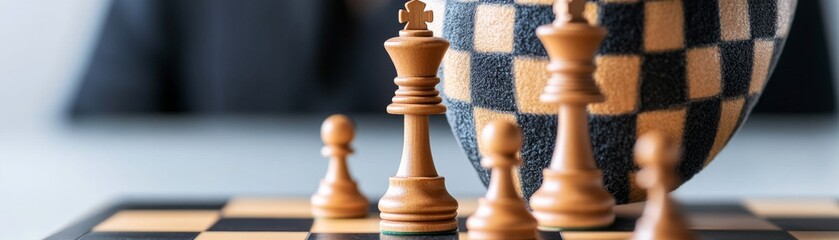 Wooden Chess Pieces on Board with Checkerboard Pillow, Strategy , Games