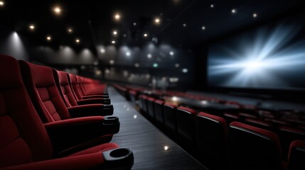 Empty cinema auditorium with red seats and bright screen, creating an inviting atmosphere perfect for movie promotions and entertainment advertising.