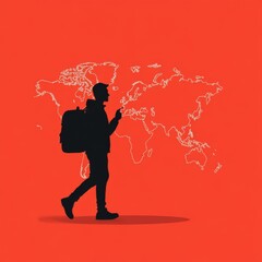 World Trip Silhouette Traveler and Global Map on Red, Adventure , Journey