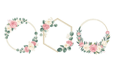 gold floral wreaths with pink and white roses and green leaves