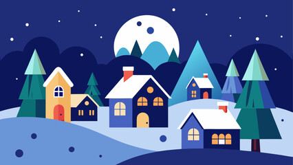 Fototapeta premium Winter landscape with houses and full moon
